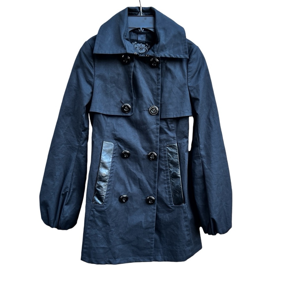 Mackage Black Trench Coat with leather trim on pockets.